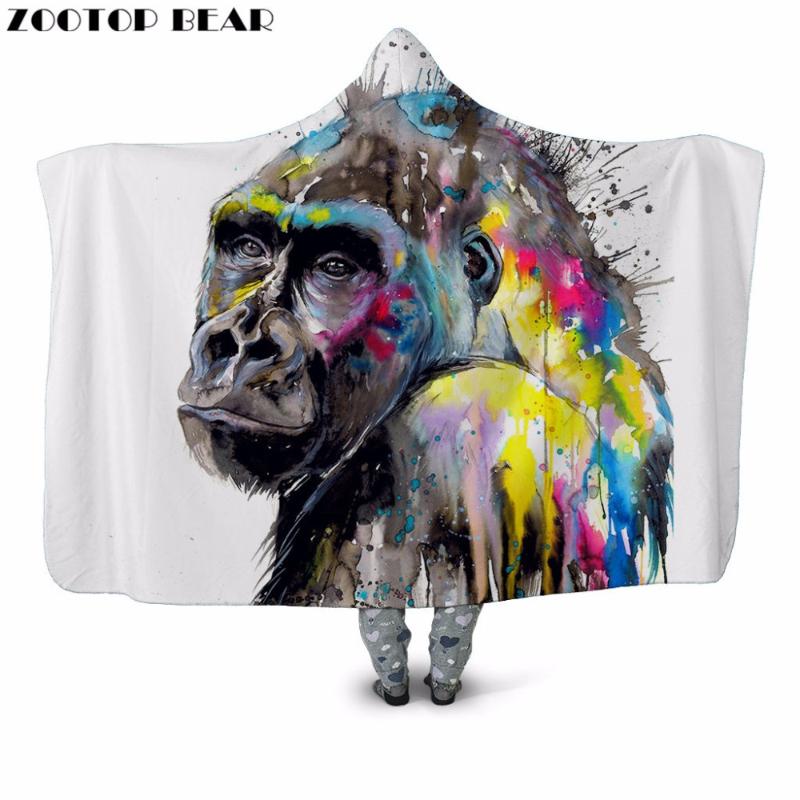 

Monkey Paint 3D Printed Plush Hooded Blanket for Adult Youth Child Warm Wearable Sofa Fleece Throw Blanket Home Office Washable