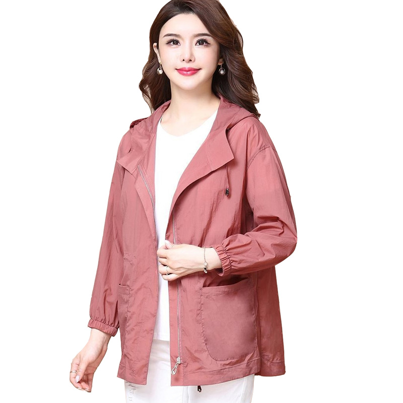 

2020 Summer Women Jacket Sunscreen Coat Hooded Zipper Pocket Jackets Thin Windbreaker Female Casual Loose Outerwear Plus Size, Pink