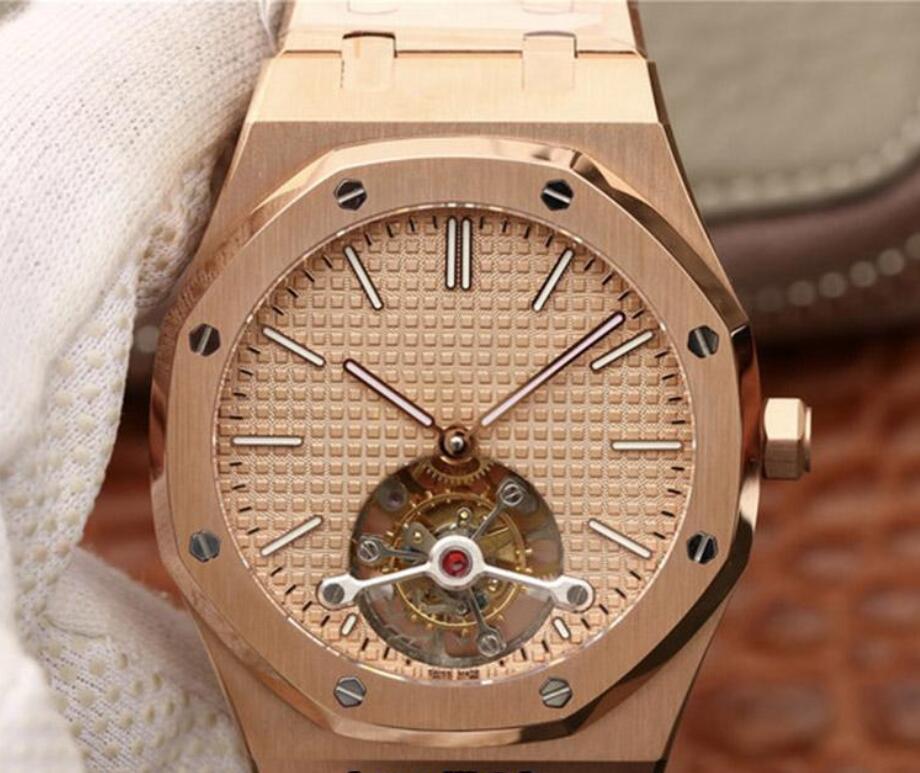 

Rose Gold Stainless Steel Royal Series 26522 Real Tourbillon Cal.2924 Hand-winding Mechanical Mens Wristwatch Sapphire Designer Men Watches, Black