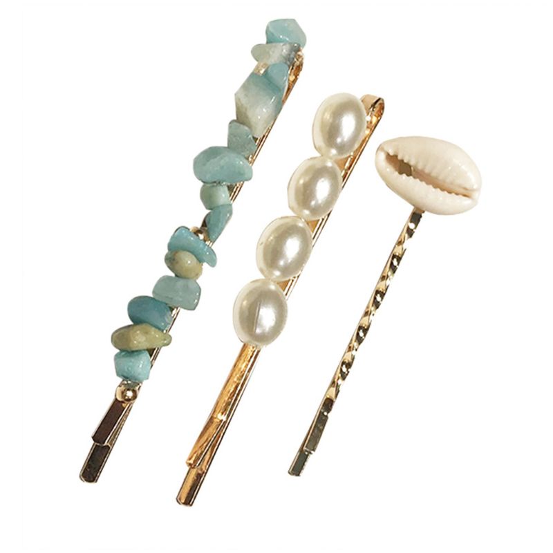 

3Pcs/Set Baroque Ocean Style Women Hair Clip Candy Color Irregular Resin Stone Hairpin Seashell Faux Pearl Beaded Hair Accessory
