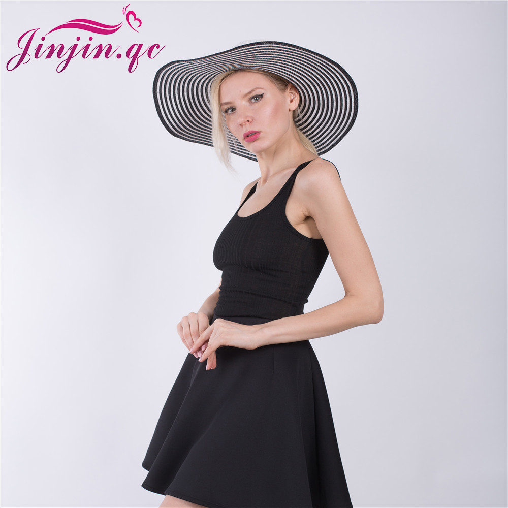 

Jinjin.QC 2020 Fashion Hepburn Wind Black White Striped Bowknot Summer Sun Hat Beautiful Women Straw Beach Hat Large Brimmed