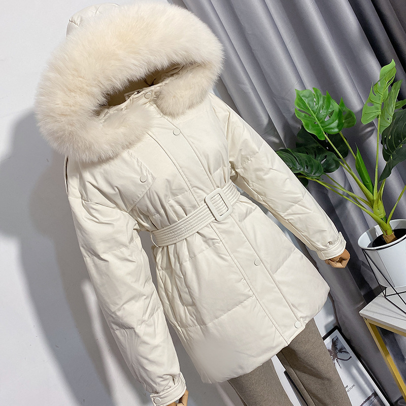 

Women Fox & Artificial Fur Collar Down Jacket Women Mid-length 2020 Winter New White Duck Down Thick Waist Slim Down Coat Outerwear, Apricot-artificial fur