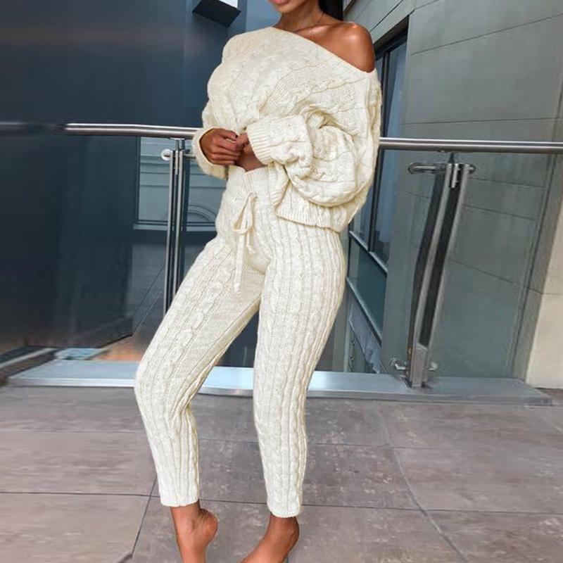 

VERTIVE Fahion Women Outfit Casual Two Piece Knit Set Short Sweater Pullover Crop Top Drawstring Pants Pure Color Sweatsuit