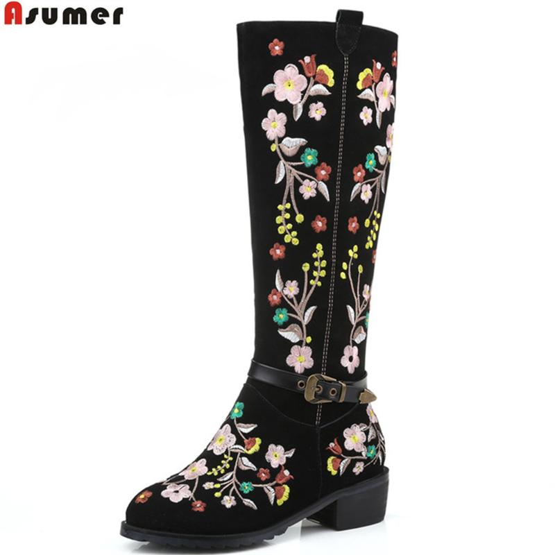 

ASUMER 2020 winter new arrive women boots flock zipper embroider square heel ladies boots buckle knee high big size 34-46, Black not fur