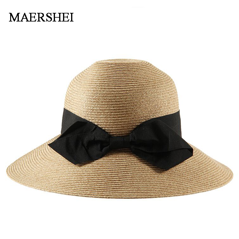 

MAERSHEI Women Summer Bowknot Straw Hats Beach Elegant Fashion Sun Hat Floppy Brim Foldable Panama Chapeau Femme Wide Brim Hat