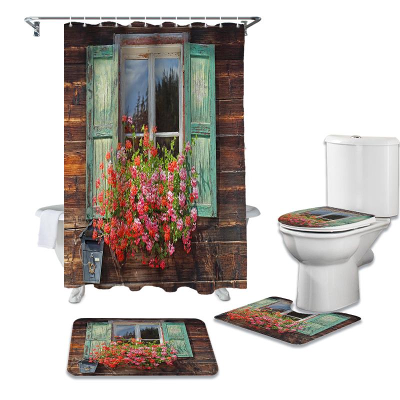 

Flowers Windows Wooden House Retro Shower Curtain Sets Non-Slip Rugs Toilet Lid Cover and Bath Mat Bathroom Curtains Set