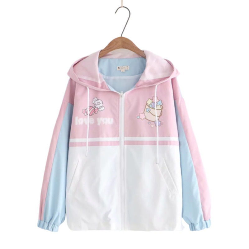 

2019 autumn coat with stars and cartoon print, loose hoodie, female sweatshirt, Kawaii aesthetic pink hoodie, Blue