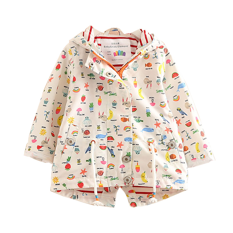 

Girl Jackets Trench Coat Print Spring Kid Clothes New Girl Children's Long-sleeved Hooded Child Coat Kids Windbreaker for, White