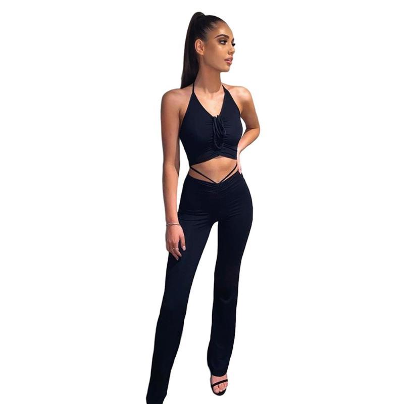 

Halter Halter Two Piece Set Women Vest High Waist Straight Trousers 2 Piece Set Sleeveless Female White Black Casual Outfit