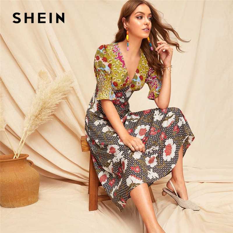 

SHEIN Boho Multicolor Shirred Cuff Mixed Print Fit and Flare Summer Long Dress Women Deep V Neck Puff Sleeve A Line Sexy Dresses, Multi