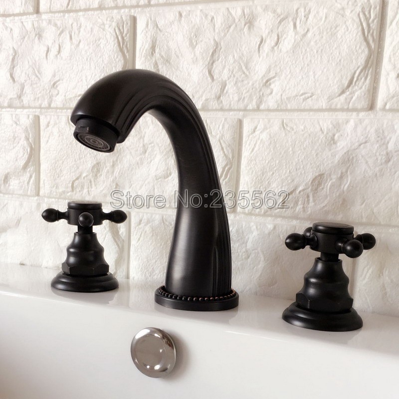

Black Oil Rubbed Bronze Deck Mounted Bathroom Faucet Dual Handle Widespread Bath Tub Mixer Tap 3 Hole Vessel Sink Faucet Lhg061
