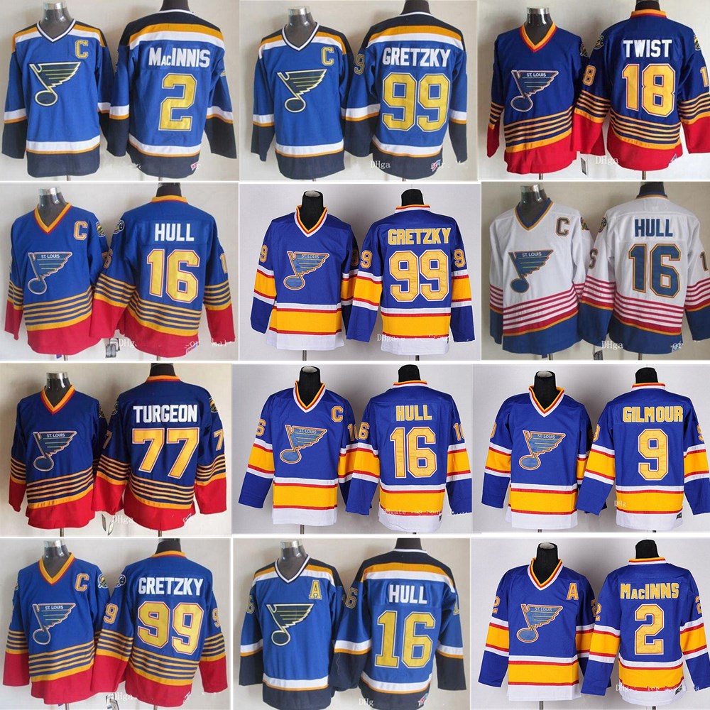 

St Louis Blues Jerseys Hockey Vintage 16 Brett Hull 99 Wayne Gretzky 2 AL MacINNIS 9 Shayne Corson 9 Doug Gilmour blue white, As shown in illustration