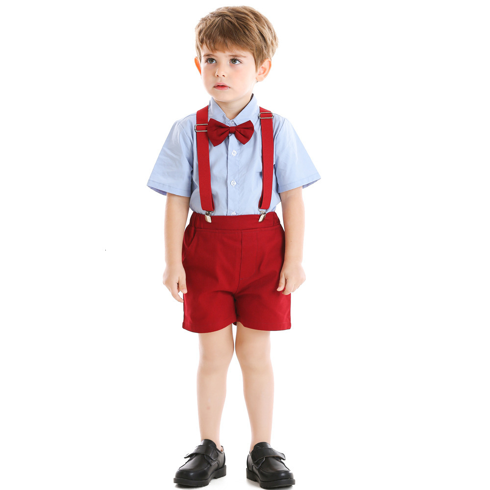 

Summer Children Kids Boys Gentleman Clothing Set Short Sleeve Shirt+Suspenders Shorts Casual Outfits for Wedding Party Costume, F style