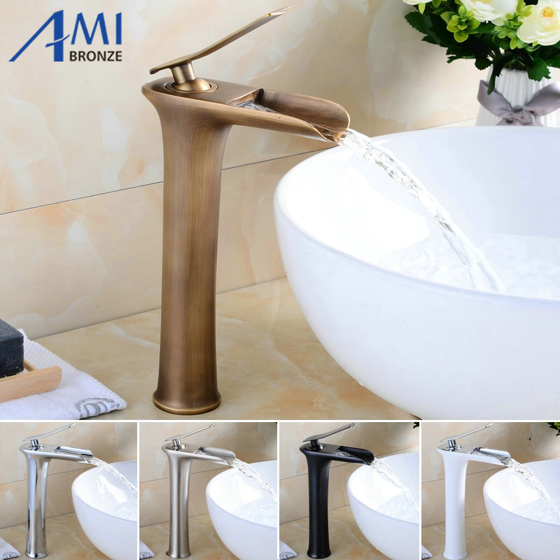 

Amibronz Waterfall Basin Faucet Brass Mixer Hot Cold Mixer Basin Tap White/Chrome/Black/Antique Bathroom Faucets 8882S