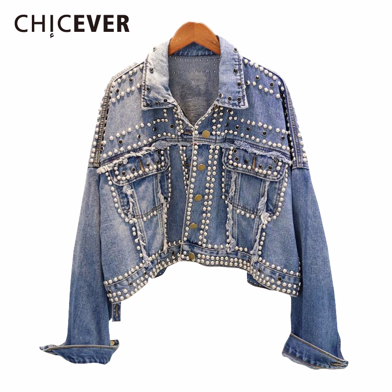 

CHICEVER Rivet Denim Jacket Women Lapel Collar Long Sleeve Pocket Casual Diamonds Short Coats Female Spring Summer New 2020, Black