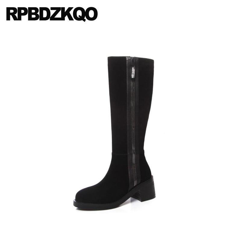 

black handmade 10 round toe shoes chunky long brand women winter boots genuine leather tall big size knee high 41 suede heel