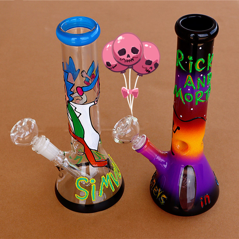 

10" Glow in the dark cartoon pattern glass bong glass pipe double layer filter glass water pipe beaker bong recycler dab rig