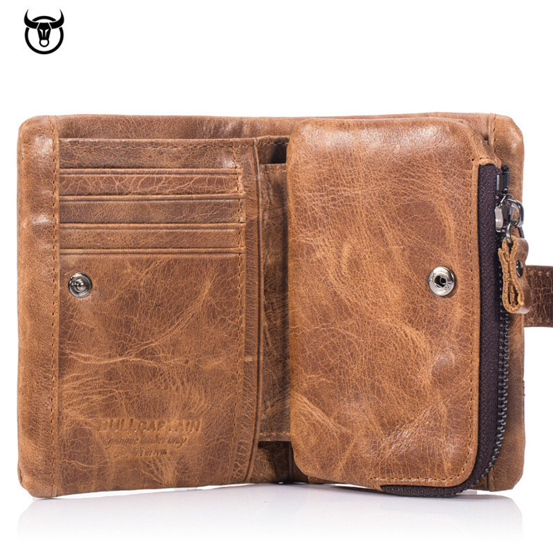 

Genuine Crazy Horse Leather Men Wallets Vintage Trifold Wallet Zip Coin Pocket Purse Cowhide Leather hasp Wallet For Mens, Brown