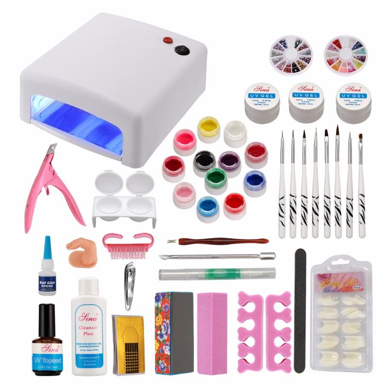 

Russia Seller New Acrylic Nail Art Manicure Kit Nail Brushes Set White UV Lamp & 12 Color UV Gel Art Tools Set Kits #33set