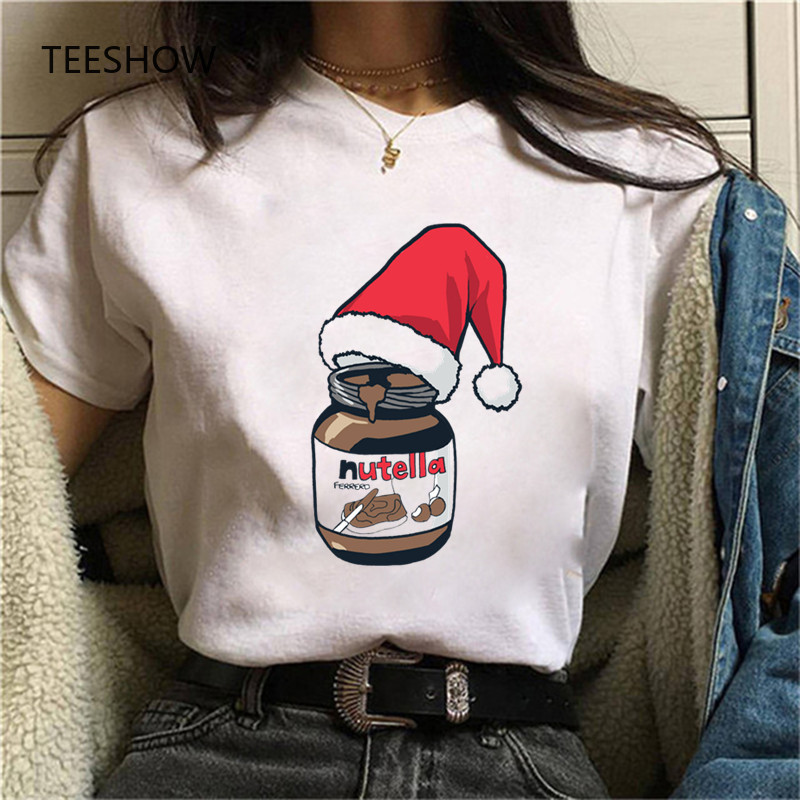 

Fashion Summer Woman tshirts Harajuku Christmas Nutella Print T Shirt Vintage Women White tops tees Short Sleeve t shirt female