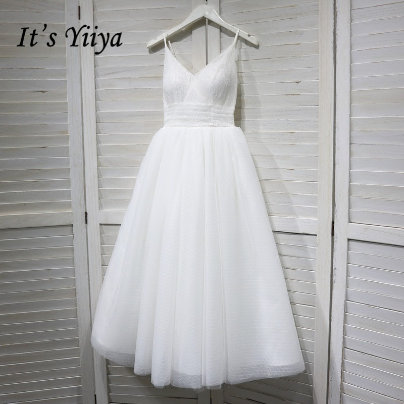 

It's YiiYa Wedding Dress V-neck Spaghetti Straps Lace Up Ankle Length wedding dresses Bridal Engagement Elegant White Gowns G008, Custom color