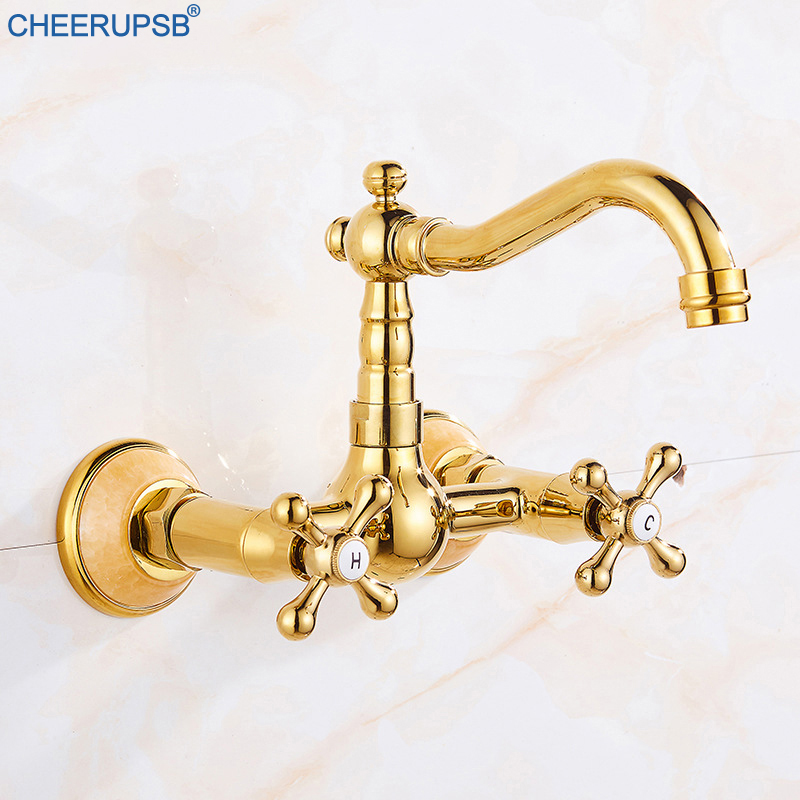 

Wall Mount Basin Sink Faucet Dual Hole Gold Tap Bathroom Balcony Luxury Jade Faucets Hot Cold Water Mixer Taps Torneira Cozinha