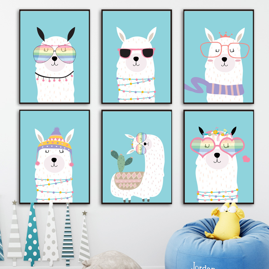 

Cartoon llama Alpaca sunglasses cactus Wall Art Canvas Painting Nordic Posters And Prints Wall Pictures Baby Kids Room Decor