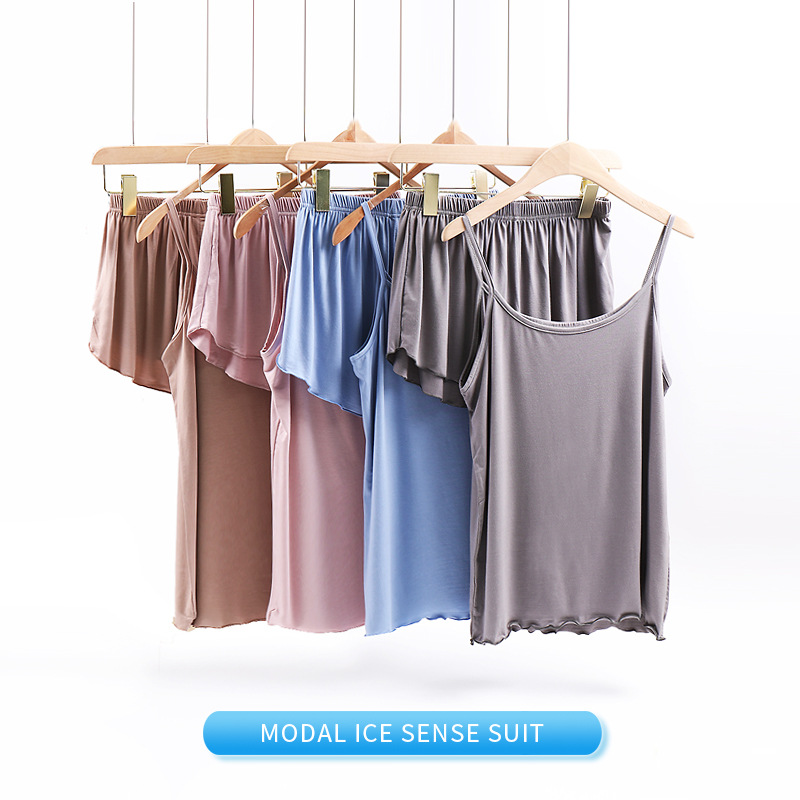 

RUBICK Female Modal Soft Ice Sense Strap Suit Shorts Solid Color Fashion Bottom Sling Vest Suit, Black