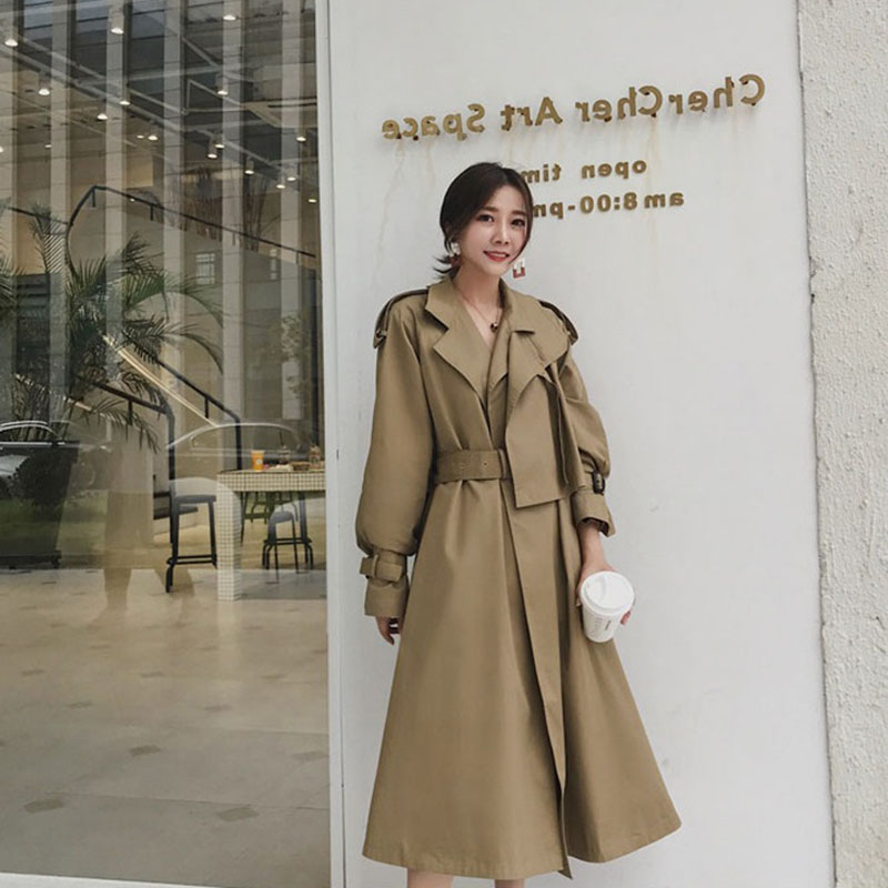 

New Plus size Women Khaki Lace up Tooling Long Trench coat 2020 Spring Elegant Vintage Solid Long sleeve Casual Windbreaker coat