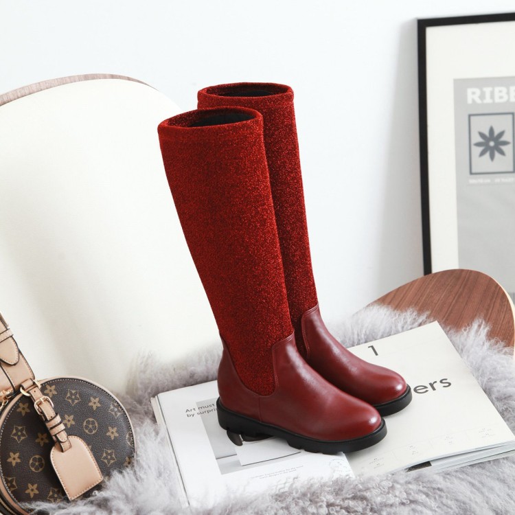 

Big Size 9 10 11-13 thigh high boots knee high boots over the knee women ladies Sleeve sequined fabric stitching, Black