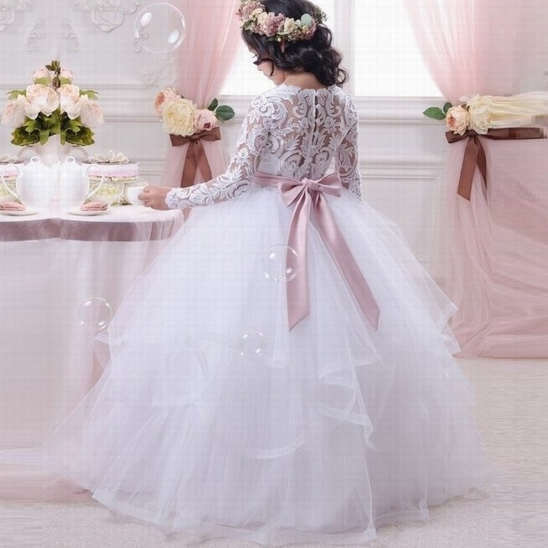 

Pageant Princess Gow Lace Kids Flower Girls Dress With Long Sleeve Pink Sash Ball Gown 2020 Cheap China First Communion Dresses, All white