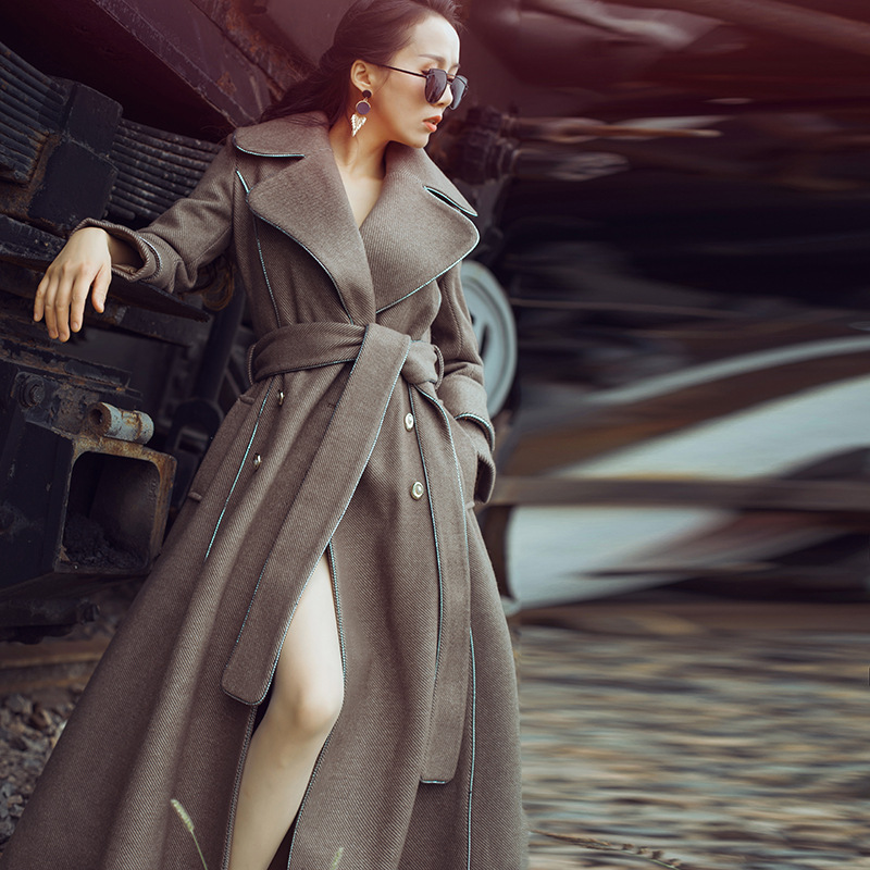 

Women Maxi Coat Deep Coffee Belted Pockets Vintage Woolen Coat Double Breatsed