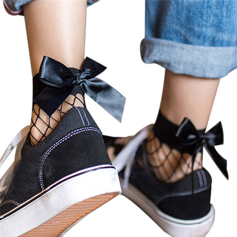 

1 Pair Women Large Fishnet Ankle High Socks Hollow Thin Bow Tie Mesh Lace Fish Net Short Socks Female Lolita Cosplay Accessory, As photo