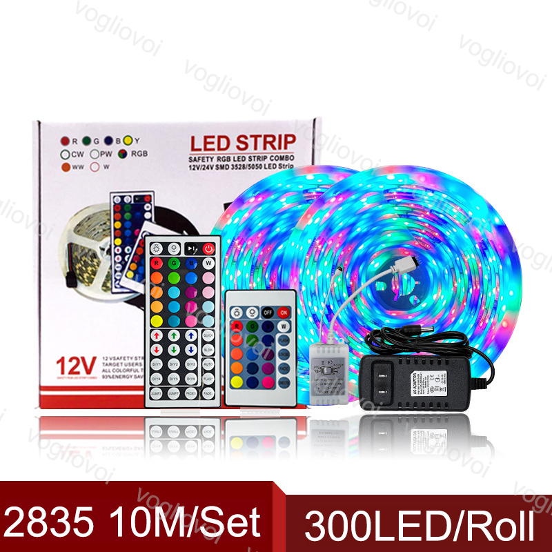 

Led Light Strip 10M SMD2835 300Leds/Roll DC12V Waterproof IP65 RGB 24/44keys 110-240V 3A Adapter For Courtyard Pool Park Plaza KTV DHL