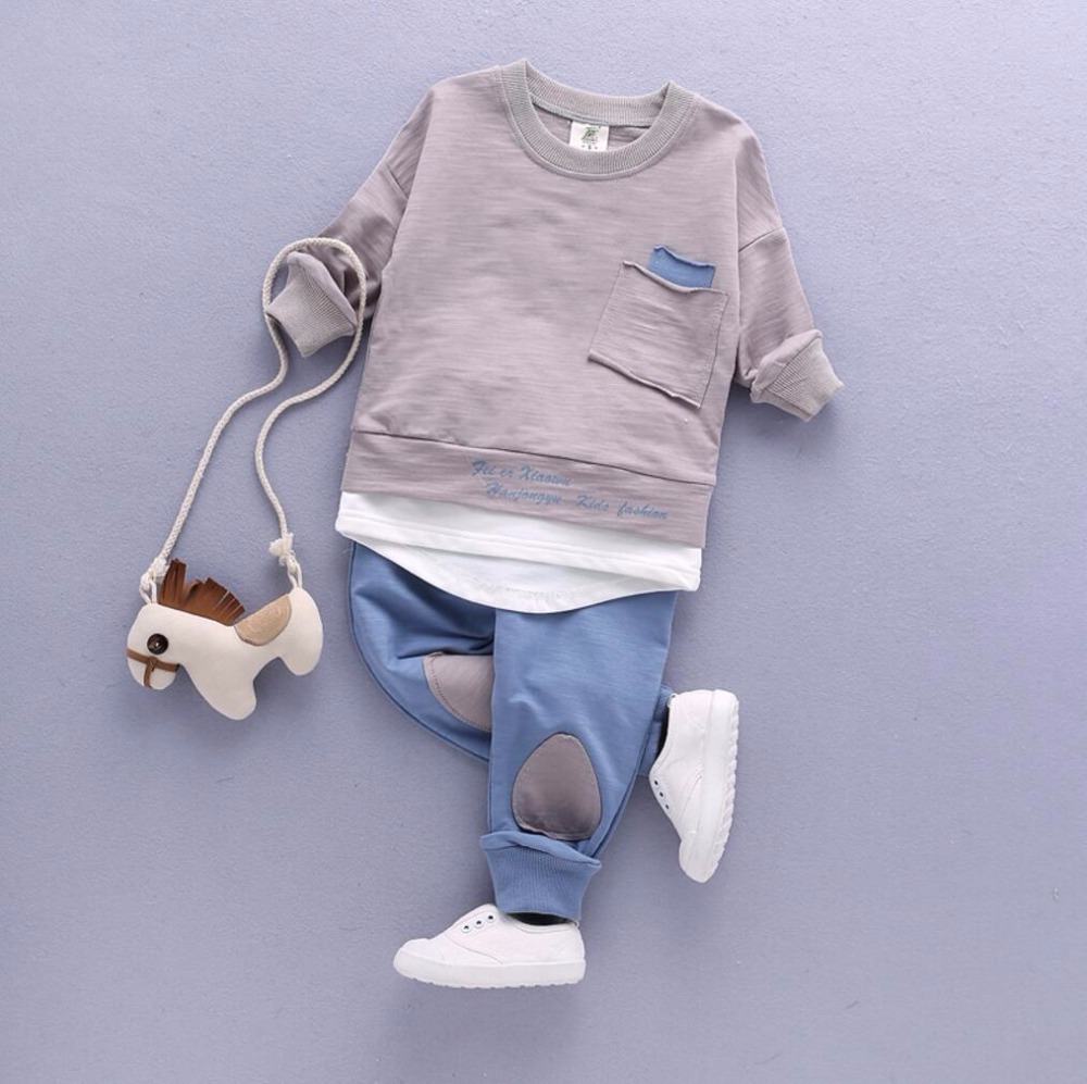 

2PC Toddler Baby Boys Clothes Outfit Infant Boy Kids Shirt Tops+Pants Casual Clothing Long Sleeve Children Clothing Set Cotton, Gray