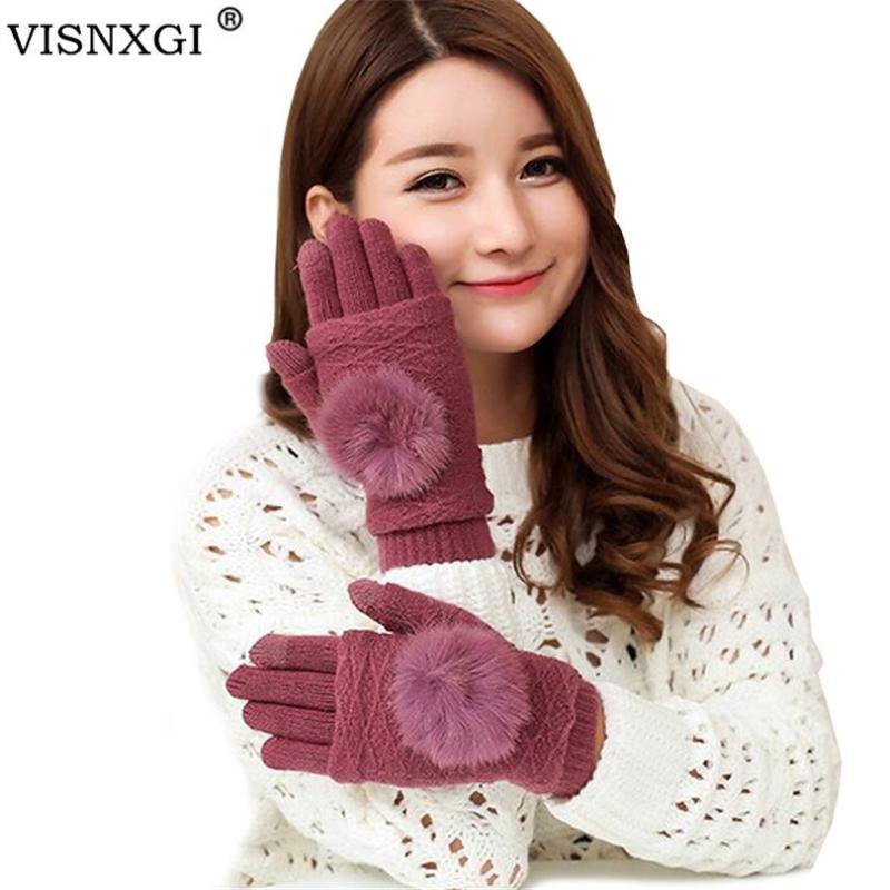 

YRRETY Hot Warm Winter Women Detachable Fashion Gloves Thicken Knitting Mittens Three Ways Wear Fur Pompon Female Gloves