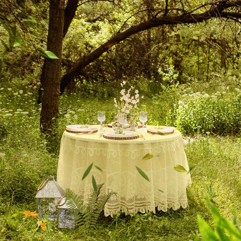 

Pa.an Crochet Lace Floral Tablecloth Round Table Cover Layering Linens Beige White Retro Chic Wedding Party Banquet Picnic Decor, 02