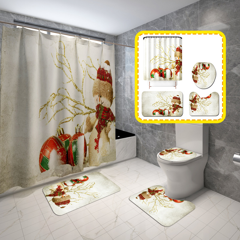 

4ps/set Christmas snowman shower curtain floor mat four-piece bathroom mat set bathroom creative shower curtain