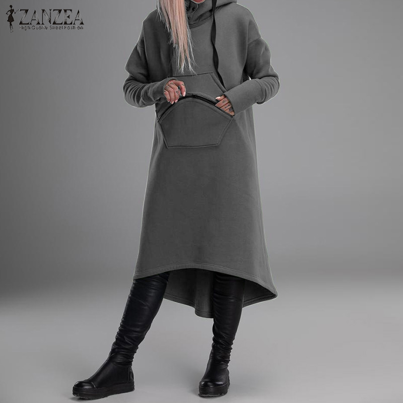 

Fashion Asymmetrical Hoodies Dress Womens Sweatshirts 2020 ZANZEA Casual Long Sleeve Midi Vestidos Pullovers Female Hooded Robe, Black