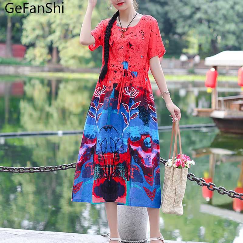 

New Arrival Summer Fashion Women Print O-neck Dress Loose Cotton Linen Short Sleeves Robe Ladies Dresses Plus Size, Blue
