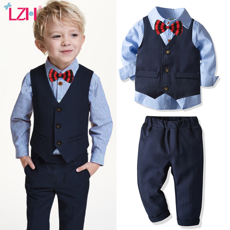 

LZH Autumn Winter Children Clothes Boys Suit Formal Vest Trousers Striped Shirt Bow British Gentleman 4 Piece Sets Kids Clothing, Khaki