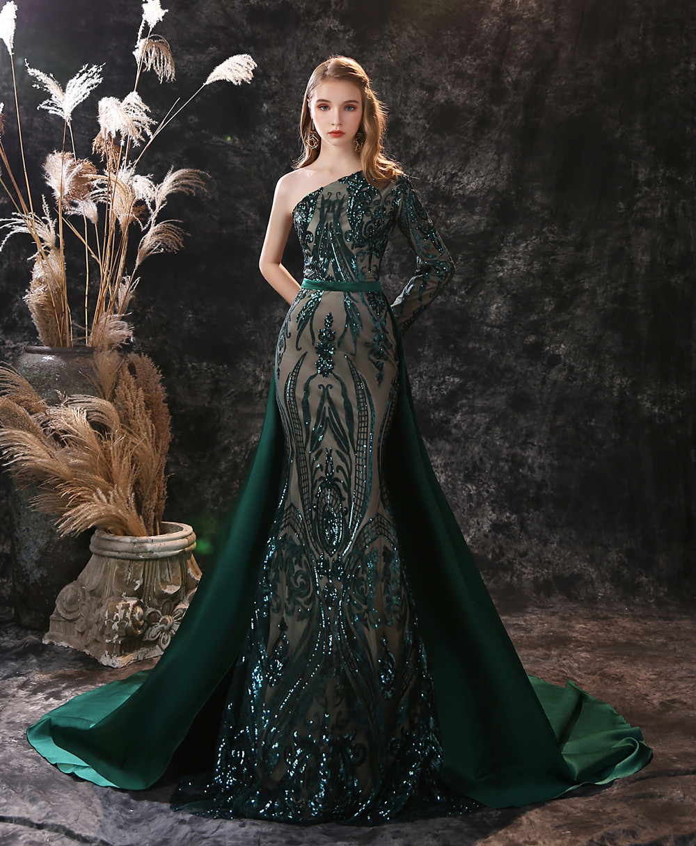 

Fairy Evening Dresses One Shoulder Lace Applique Sequin Mermaid Prom Gowns 2020 Long Sleeve Detachable Train Special Occasion Dress, Same as picture