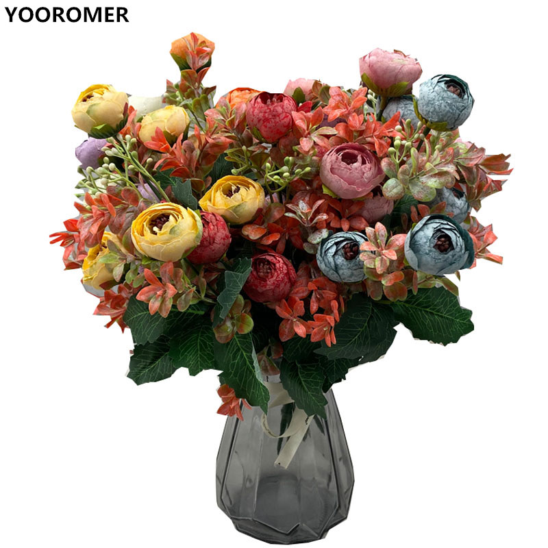 

YOOROMER artificial bouquet small rose silk flower artificial flower plastic wedding home room decoration, Blue