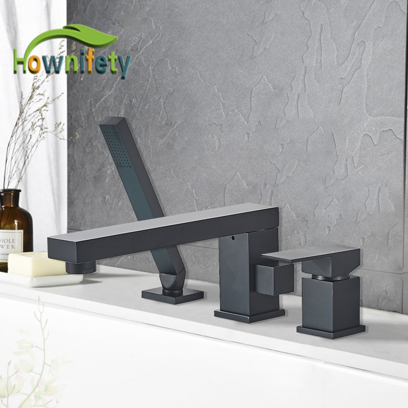 

Black Bathtub Sink Fuacet Three Hole Deck Mounted Bathroom Faucet Hot Cold Mixer Tap Rotating Spout ABS plastic Handheld