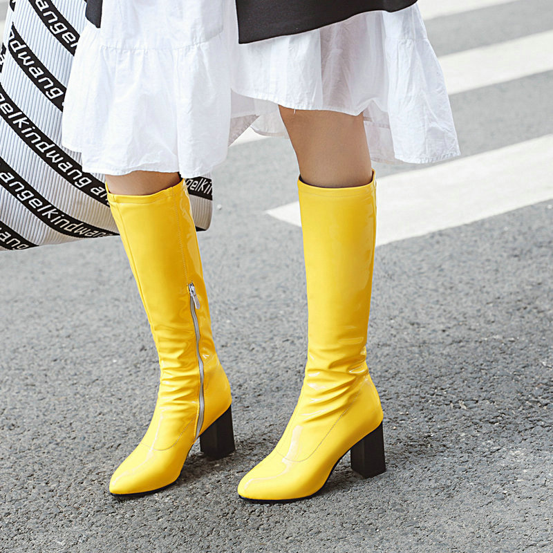 

Patent Leather Women Knee High Boots Fashion Square Heel Boots Round Toe Zipper Women Shoes Black White Green Red Yellow