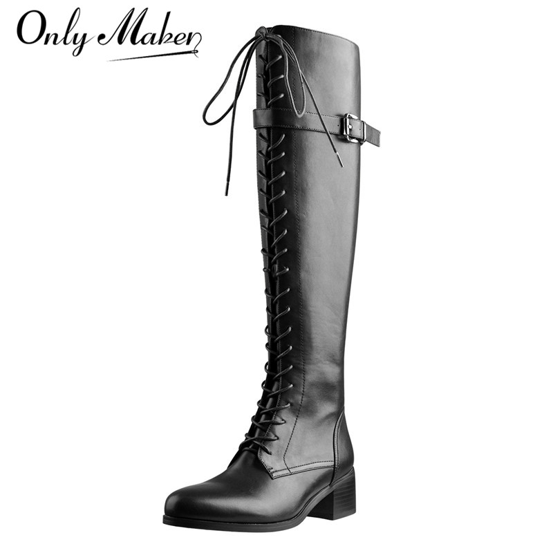 

Onlymaker Women's Round ToeBlack Matte Side Zipper Knee High Boots Lace Up Big Size Classic Fashion Lady Boots, S190915a