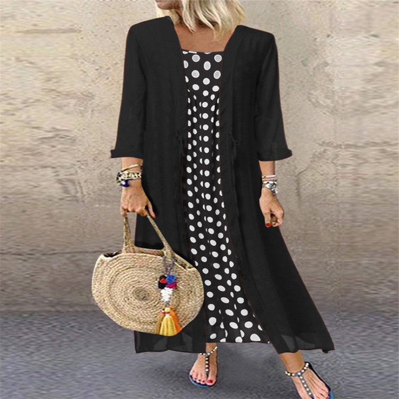 

2020 New Fashion Women Ankle Length Dress Polka Loose Casual Style Shirts 2 Pieces Set For Ladies, Black