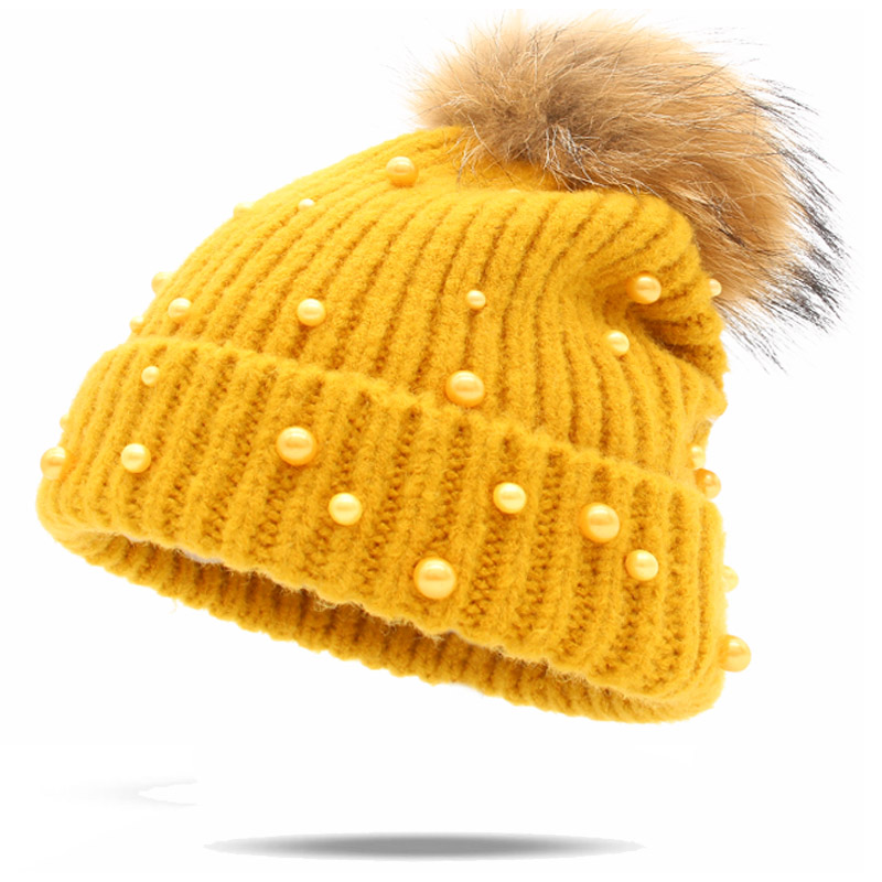 

Fashion Pearl Wool Beanies Women Real Natural Fur Pompom Fashion Pearl Knitted Hat Female Beanie Cap Pompom Winter Hat for Women, 16