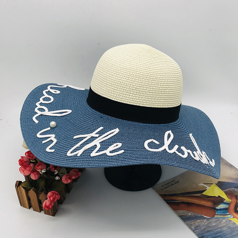 

2020 Summer Large Brim Sun Hats For Women Fashion Letter Embroidery Folded Floppy Hat Bohemia Beach Cap, Beige cap