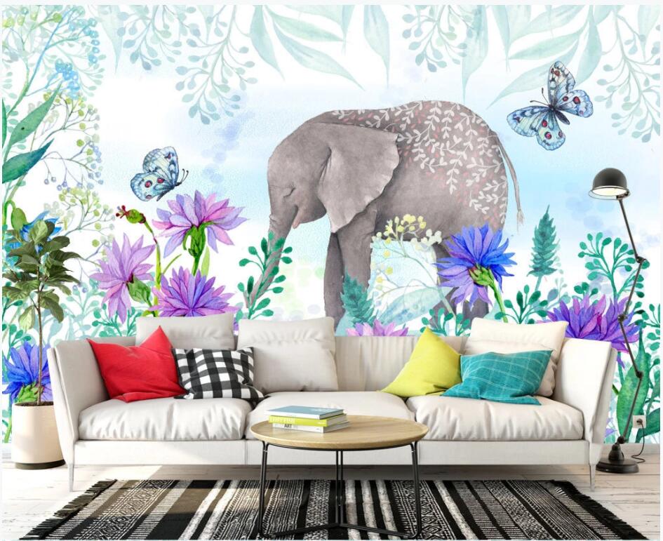 

custom mural on the wall 3d photo wallpaper Fresh hand painted floral elephant tv background home decor wallpaper in the living room, Non-woven wallpaper